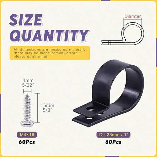 Vista 2 de Swpeet Paquete de 60 clips de cable tipo R de nailon negro de 1 pulgada, clips de sujeción de cable de montaje de tornillo de nailon con 60