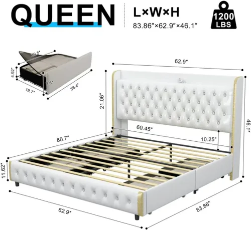 Vista 2 de Base de cama LED Queen con 4 cajones, cargador de proyector de galaxia estrella, altavoz de música, cabecera tapizada con respaldo de ala, marco