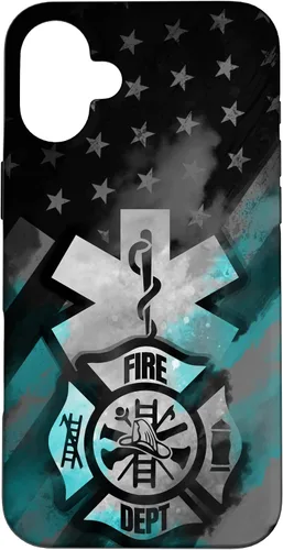 Vista 23 de iPhone 16 EMT EMS bombero turquesa línea humo usa bandera americana caso