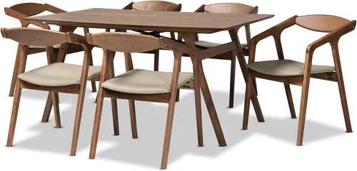 Vista 12 de Baxton Studio Harland - Juego de comedor de 7 piezas, tapizado de piel sintética negra y acabado marrón nogal, 7 piezas