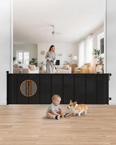 Vista 11 de Puerta retráctil para bebé, puerta de malla para bebés de 55 pulgadas de ancho con 4 varillas reforzadas, puerta antiflacidez de 34 pulgadas de Negro