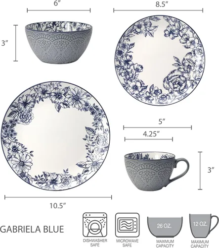 Vista 8 de Pfaltzgraff Gabriela Blue - Juego de vajilla de 16 piezas, servicio para 4, platos, tazones y tazas de gres duradero con elegante patrón azul, apto