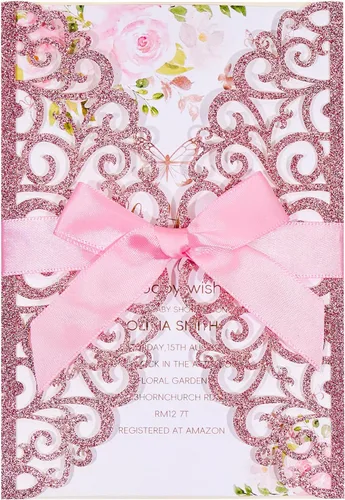 Vista 14 de 50 invitaciones de boda, invitaciones personalizadas cortadas con láser con sobres y tarjetas RSVP para quinceañera, despedida de soltera, baby