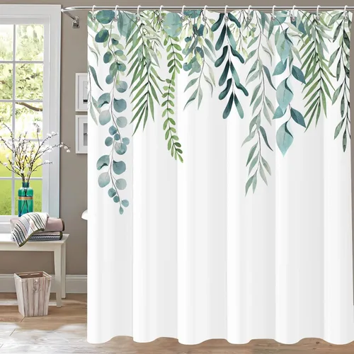Vista 20 de Cortina de ducha de eucalipto azul para baño, juego de cortinas de ducha de hojas de acuarela, cortina de ducha impermeable para plantas, tela