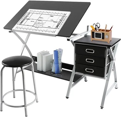 Yaheetech Escritorio de dibujo, mesa de dibujo para artistas/adultos, escritorio de arte con taburete y 3 cajones deslizantes, estación de trabajo