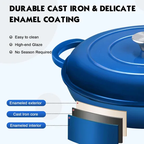Vista 4 de Overmont Horno holandés de hierro fundido esmaltado, olla holandesa de 3.8 cuartos de galón con tapa, sartén poco profunda para estofar, cacerola