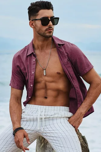 Vista 50 de JMIERR Camisas de vestir a rayas con botones y manga corta para hombre