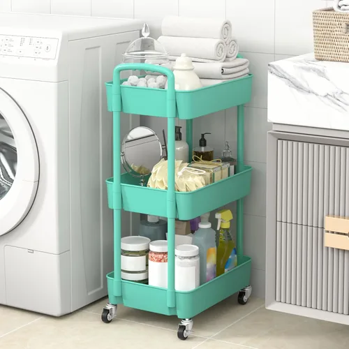 Vista 4 de Sywhitta - Carrito rodante de 3 niveles de plástico con asa, carrito de almacenamiento multifuncional para oficina, sala de estar, cocina, Verde