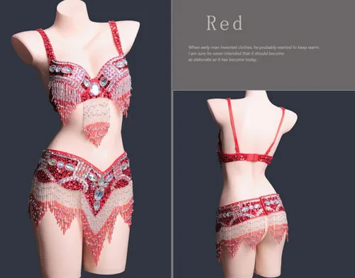 Vista 2 de Disfraces de danza del vientre con flecos para mujer, ropa de Halloween, vestidos tribales de rendimiento del vientre, conjunto de brasier