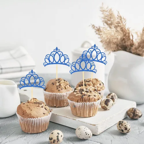 Vista 4 de 48 piezas de corona de princesa con purpurina azul para decoración de cumpleaños, baby shower, fiesta, tartas