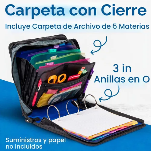 Vista 3 de Case-it Mighty Zip Tab - Carpeta escolar con cremallera Anillos tóricos de 3 pulgadas, capacidad de 600 hojas, carpeta de archivos expandible de 5