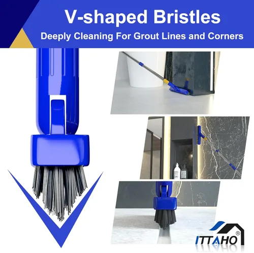 Vista 2 de ITTAHO Juego de cepillos para fregar y lechada de piso de 12 pulgadas de ancho con mango largo extensible, limpiador de cerdas rígidas resistente