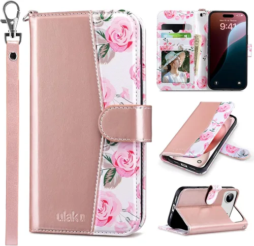 Vista 14 de ULAK Funda tipo billetera compatible con iPhone 15 para mujeres, funda tipo cartera con estampado floral de piel PU premium con porta tarjetas