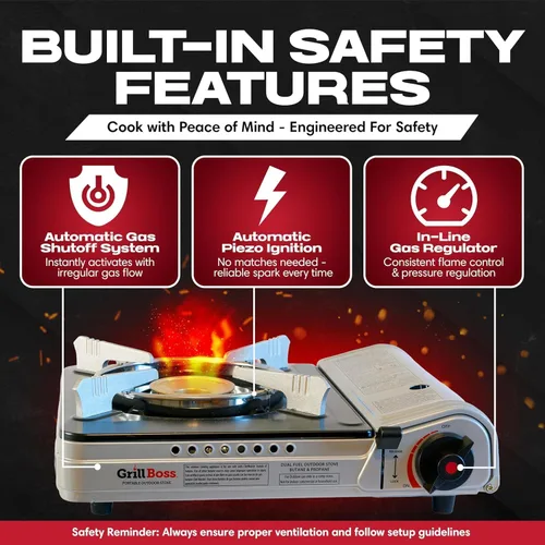 Vista 4 de Grill Boss - Estufa portátil de combustible doble, estufas de butano y propano de combustible dual, estufa de campamento de butano de 12 K BTU