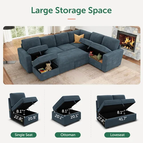 Vista 4 de HONBAY - Sofá seccional modular con cama desplegable, sofá de pana con almacenamiento, sofá seccional en forma de U para sala de estar, color azul