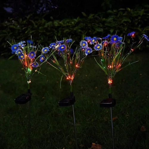 Vista 2 de Paquete de 2 luces solares de flores para exteriores, impermeables, 28 LED, diseño de margaritas, luces decorativas en el suelo, 2 modos