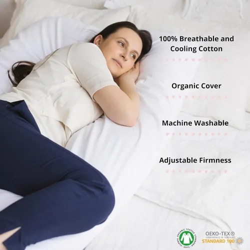 Vista 3 de Almohada de embarazo orgánica en forma de U – Almohada de apoyo de cuerpo completo con relleno natural de Kapok y funda de algodón certificada GOTS
