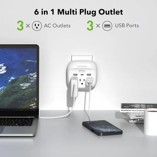 Vista 2 de BN-LINK Paquete de 2 extensores de salida de enchufe múltiple, 3 salidas de pared con 3 puertos USB (1 USB C), adaptador de carga para dormitorio