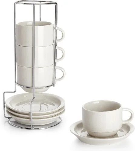Vista 22 de Sweese - Juego de 4 tazas de espresso apilables de porcelana de 4 onzas con platillos y soporte de metal, color turquesa