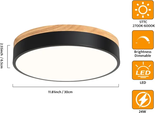 Vista 5 de Lámpara de techo LED de madera regulable, 5CCT 2700K-6000K moderna negra cerca del techo, lámpara de techo redonda minimalista para dormitorio