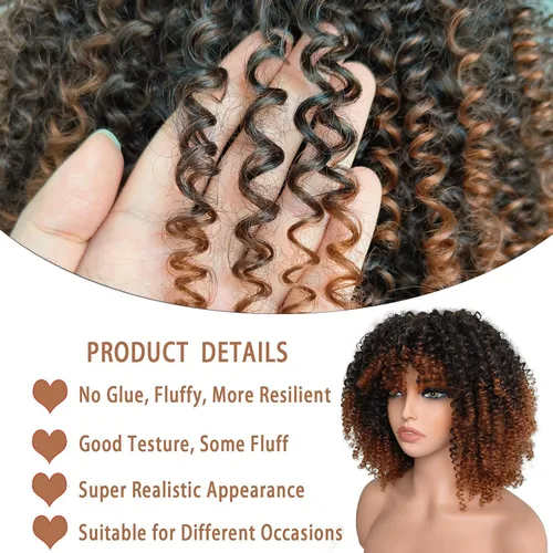 Vista 4 de Peluca rizada afro rizada marrón con flequillo - peluca sintética de pelo corto para mujeres negras