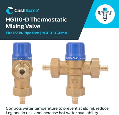 Vista 2 de Cash Acme Válvula mezcladora termostática de crimpado HG110 de 1/2 pulgada con conexiones de púas y controles integrales, accesorio de plomería
