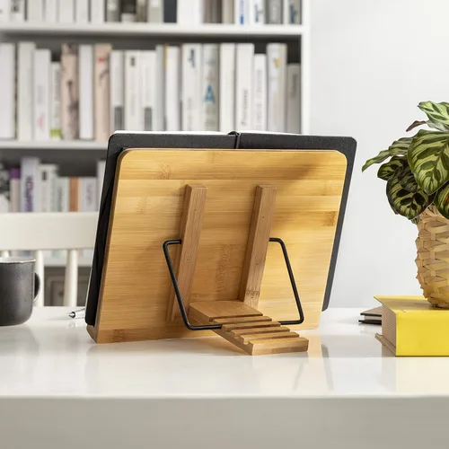 Vista 5 de wishacc Soporte de libros de bambú, bandeja ajustable para libros y clips de papel para páginas - Escritorio de lectura para libros de cocina