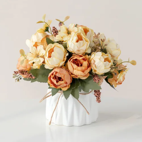 Vista 12 de Hbluefat - Flores artificiales con jarrón, flores de seda artificiales en jarrón de cerámica, pequeño arreglo de flores falsas para decoración