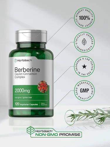 Vista 5 de Horbaach Berberine Plus Canela de Ceilán 2000 mg 120 cápsulas vegetales Suplemento vegetariano, sin OMG y sin gluten Complejo de berberina