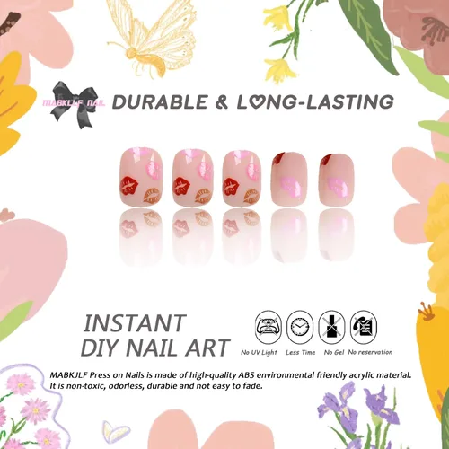 Vista 2 de Uñas postizas a presión para San Valentín, uñas postizas cortas cuadradas MABKJLF nude con diseños de labios, cobertura completa, pegamento V36