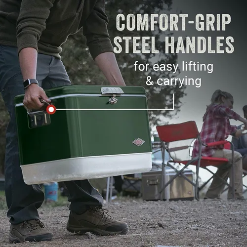 Vista 3 de Coleman Vintage 54qt Steel Belted Cooler, Keeps Ice Up to 4 Days, 85-Can Capacity Hard Cooler with Drain & Have-A-Seat Lid