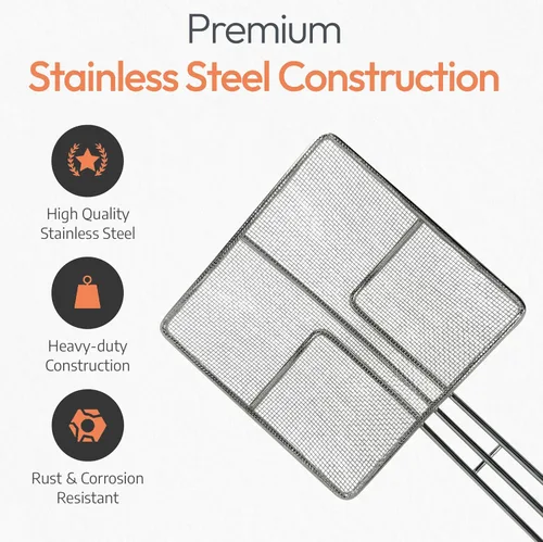 Vista 4 de Colador de malla de alambre con mango largo Paquete de 2 Cuchara cuadrada para freír de 6.5 pulgadas Colador de aceite de cocina para freidora