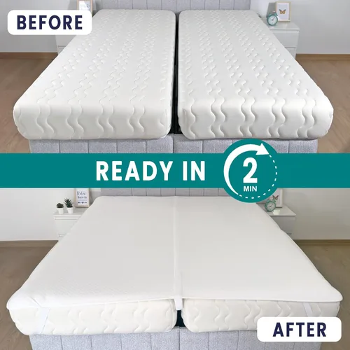 Vista 3 de Convertidor de puente de cama 2 en 1 de tamaño individual a King con protector de colchón impermeable y correas elásticas, relleno de espacio King