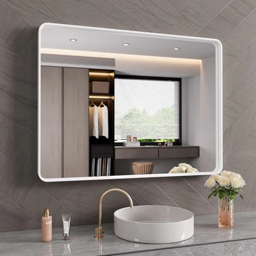Vista 52 de JISOSO - Espejo de baño negro de 20x30 pulgadas con marco de metal negro, espejo de tocador rectangular redondeado con acabado mate para pared