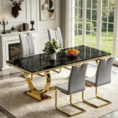 Vista 55 de 5 Piece Black Marble Dining Table Set for 4, Modern Faux Marble Kitchen Dining Room Tables with 4 Leather Chairs Set, 68.11" Luxury Rectangular