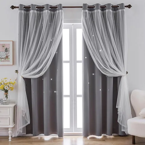 Vista 10 de indistar Cortinas opacas con corte de estrellas para ventana de dormitorio de niña, cortinas de oscurecimiento de habitación y cortinas