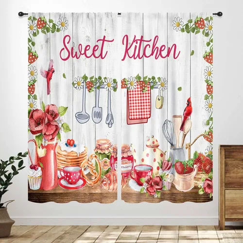 Vista 7 de Cortinas de cocina rústicas, color negro y blanco, tablón de madera con cuchillo y cuchara para barra, bolsillo para barra, tratamiento de ventana