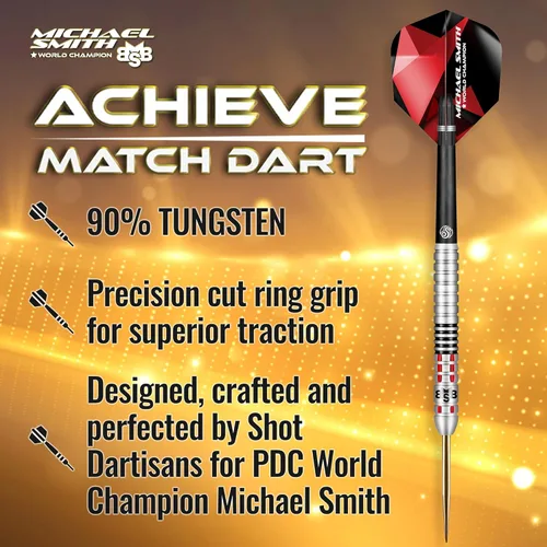 Vista 4 de Shot! Punta de acero para dardos, Michael Smith Achieve Match (0.74 oz/0.78 oz/0.81 oz/0.85 oz/0.88 oz/0.92 oz), 90% barril de tungsteno