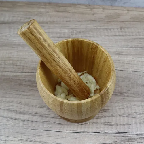Vista 7 de EIKS Mortero de bambú y maja con tapa para moler ajo especias hierba jengibre granos de pimienta herramienta de cocina