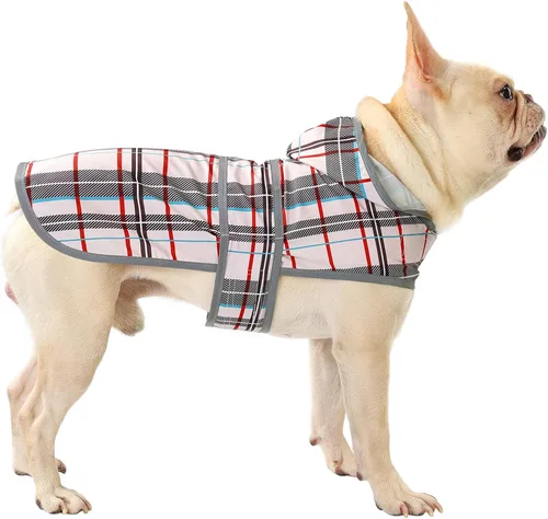 Vista 27 de Chubasqueros para perros pequeños, cachorros, chaqueta impermeable con capucha con tiras reflectantes, agujero para correa y poncho de ajuste