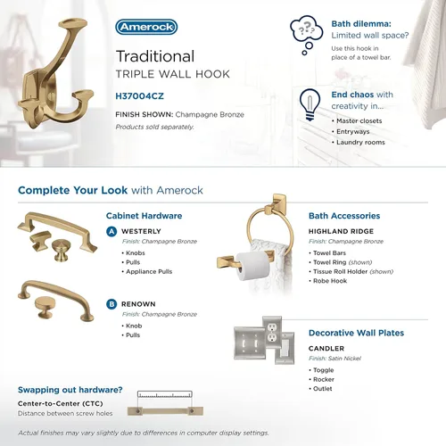 Vista 6 de Amerock H37004CZ Gancho de pared decorativo Vicinity de triple punta Gancho en bronce champán para abrigos, sombreros, mochilas, bolsos