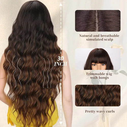 Vista 4 de XIXIBI Peluca marrón de 30 pulgadas de largo con flequillo, peluca marrón ombré para mujer, peluca sintética rizada ondulada de aspecto natural