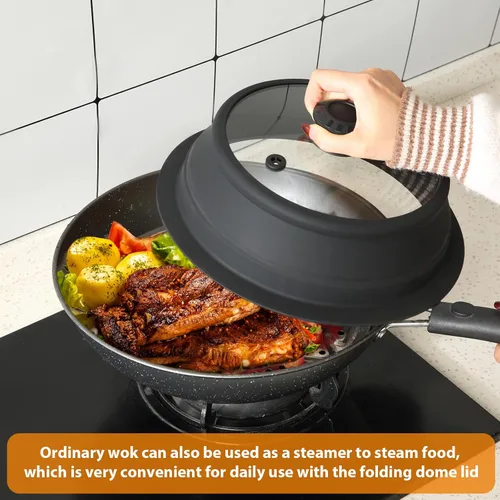 Vista 6 de Tapa plegable para salpicaduras de microondas con cubierta de vidrio templado ventilado, tapa wok apta para microondas, olla vaporera de 10.5 a 11