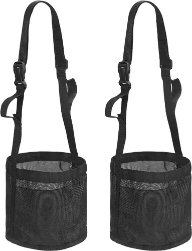 Vista 8 de Bolsa de alimentación para caballo, bozal de caballo con correa ajustable, malla de nailon, impermeable, bolsa para caballos de grano inferior Negro