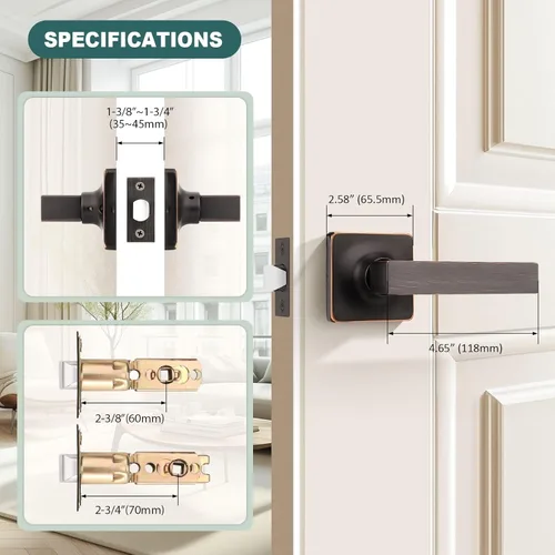 Vista 7 de GOBEKOR Paquete de 1 manija cuadrada para puerta de paso de bronce aceitado para puerta de pasillo, armario, cerradura de puerta, perilla de puerta