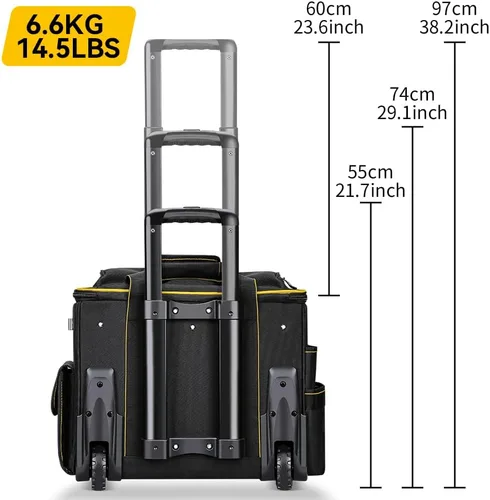 Vista 5 de WINHUNT Bolsa de herramientas con ruedas de boca ancha de 18 pulgadas, 32 bolsillos con mango telescópico y 2 ruedas, color negro