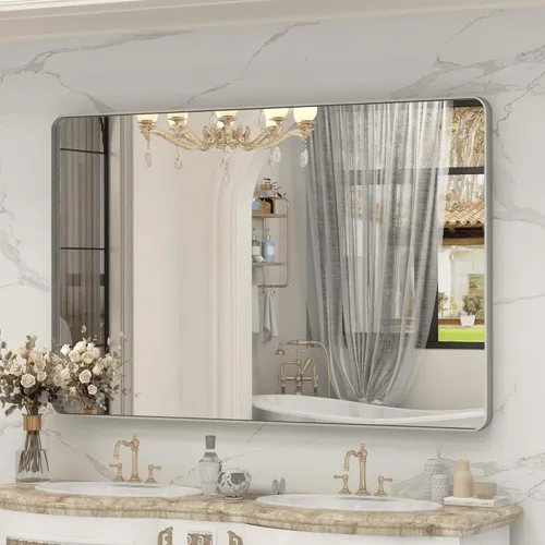 Vista 48 de Espejo rectangular para pared de baño de 20x30 pulgadas con marco negro mate, espejo de tocador con esquinas redondeadas, espejo de baño de metal