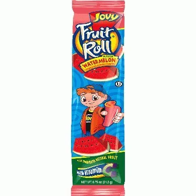 Vista 5 de Paquete variado de siete (7) bocadillos de rollo de frutas Jovy de 0.75 onzas: cereza, frambuesa, fresa, sandía, uva, manzana verde y mango