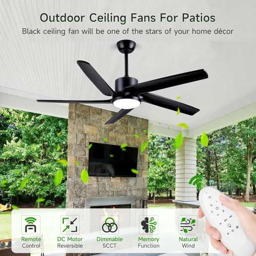 Vista 3 de 52 Inch Outdoor Ceiling Fans for Patios with Lights, Modern Black Ceiling Fan with Remote 5 Wood Blades Reversible DC Motor Ceiling Fan for Bedroom