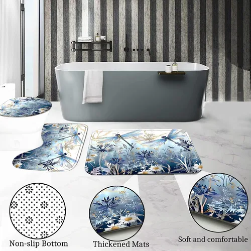 Vista 5 de DDQQ Juego de 4 cortinas de ducha de libélula de flores azules con alfombras, plantas florales neutrales, juego de decoración de baño impermeable